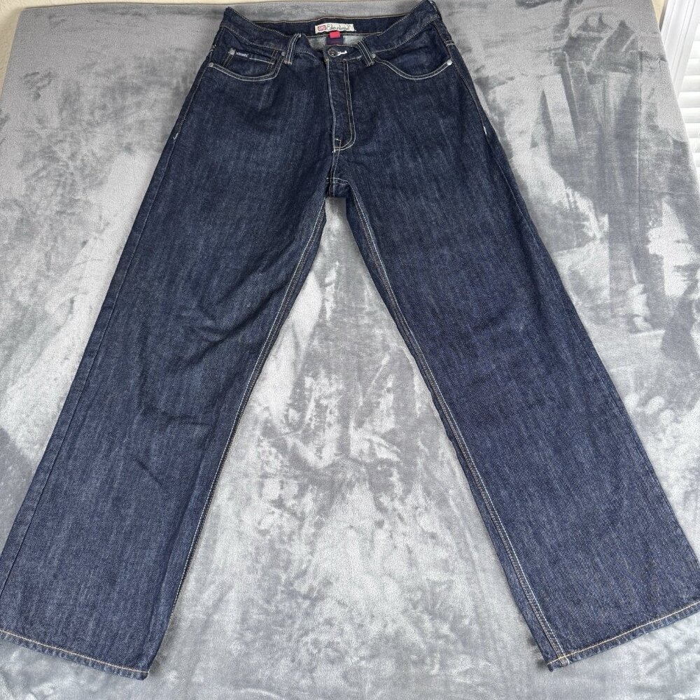 Vintage Ecko Unlimited Baggy Jeans Mens 34x32 Dark Blue Y2K Hip Hop Light Stitch